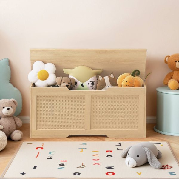 مقعد تخزين بسطح يشبه الروطان, صندوق تخزين متعدد الوظائف, حامل مقعد قوي للمدخل يصل إلى 100 كجم, مفصلة السلامة & افتتاح على شكل حرف U, تجميع سهل, طبيعي