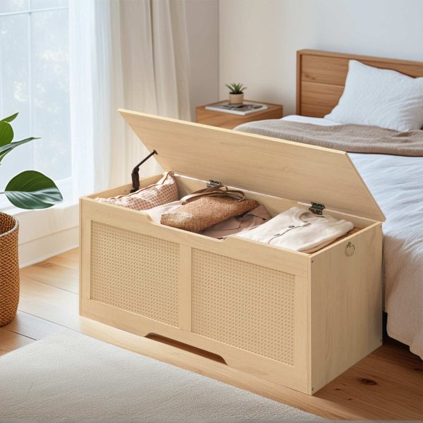 مقعد تخزين بسطح يشبه الروطان, صندوق تخزين متعدد الوظائف, حامل مقعد قوي للمدخل يصل إلى 100 كجم, مفصلة السلامة & افتتاح على شكل حرف U, تجميع سهل, طبيعي