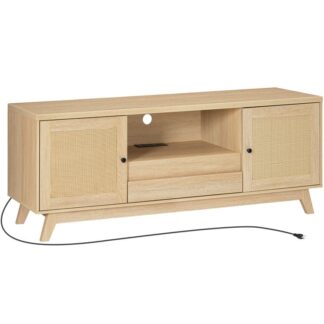 Rattan TV seisoo 65 tuumainen TV, Suuri Boho Media TV -konsoli latausasemalla, Vuosisadan puolivälissä viihdekeskus, jossa on laatikko ja säädettävät hyllyt olohuoneeseen, luonnollinen