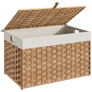 Panier de stockage naturel avec couvercle, 65L Panier en osier à capacité, Panier de rangement à couverture à la main avec poignées, Cadre métallique et doublure douce, Pliable pour la chambre, Buanderie