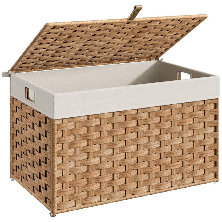 Panier de stockage naturel avec couvercle, 65L Panier en osier à capacité, Panier de rangement à couverture à la main avec poignées, Cadre métallique et doublure douce, Pliable pour la chambre, Buanderie
