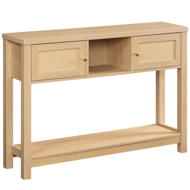 Tabella della console a forma di rattan naturale, 120Tabella di ingresso CM con archiviazione, Tavolino stretto dietro il divano, Tavolo dei corridoi con scaffale aperto e 2 Armadietti, Decorazione tessuta, per Foyer