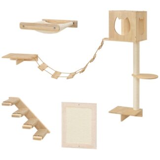 أرفف جدار القط الخشب, مجموعة من 5 أثاث حائط القطط, ممر القط, بيت القطط, أرجوحة القطيفة, لوح الخدش وأرفف تسلق القطط, قوي, متينة وآمنة, طبيعي