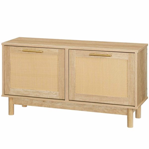 Natural Rattan-Like Entryway Shoe Storage Bench, Narrow Shoe Organizer with Flip Drawers & Rattan Doors, Multifunctional Wooden Shoe Cabinet Bench