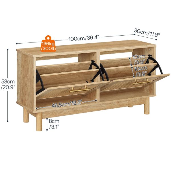 Natural Rattan-Like Entryway Shoe Storage Bench, Narrow Shoe Organizer with Flip Drawers & Rattan Doors, Multifunctional Wooden Shoe Cabinet Bench