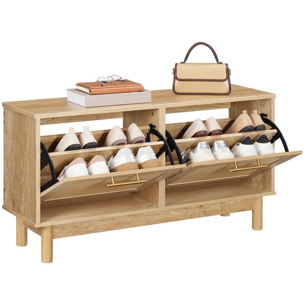 Natural Rattan-Like Entryway Shoe Storage Bench, Narrow Shoe Organizer with Flip Drawers & Rattan Doors, Multifunctional Wooden Shoe Cabinet Bench