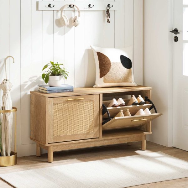 Natural Rattan-Like Entryway Shoe Storage Bench, Narrow Shoe Organizer with Flip Drawers & Rattan Doors, Multifunctional Wooden Shoe Cabinet Bench
