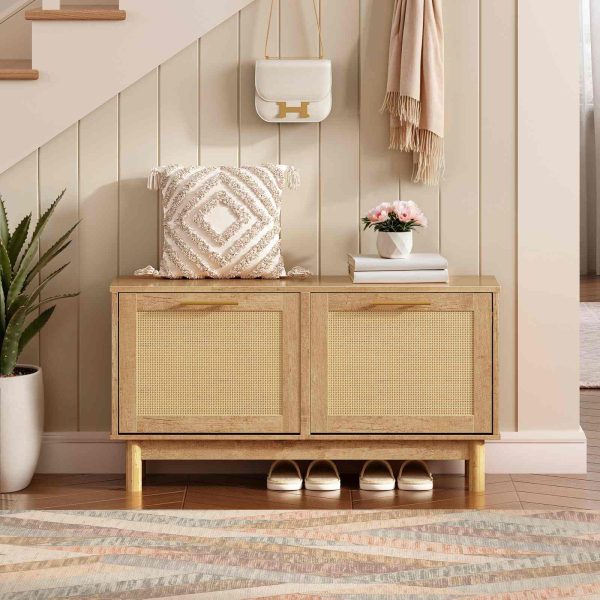 Natural Rattan-Like Entryway Shoe Storage Bench, Narrow Shoe Organizer with Flip Drawers & Rattan Doors, Multifunctional Wooden Shoe Cabinet Bench