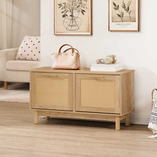 Natural Rattan-Like Entryway Shoe Storage Bench, Narrow Shoe Organizer with Flip Drawers & Rattan Doors, Multifunctional Wooden Shoe Cabinet Bench