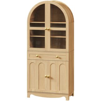 Кладовая натуральная арочная кухня, Древесная высокая кухонная кладовая шкаф с ящиком, Стеклянная дверь и регулируемые полки, Фермерский кухонный шкаф, для гостиной, Столовая