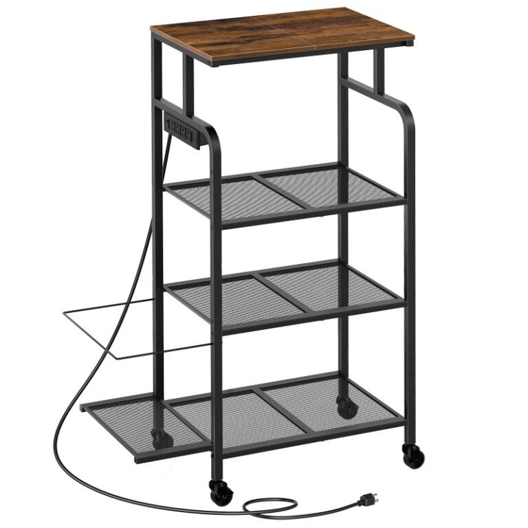 support d'imprimante avec station de charge, Grande table imprimante grande avec roues pour le bureau à domicile, 4 chariot d'imprimante de niveau avec rackder rack, étagère pour le scanner d'imprimante, marron rustique