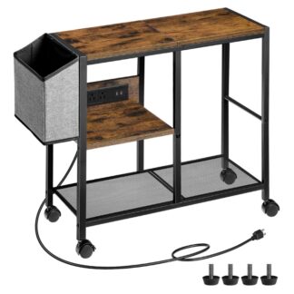 Soporte para impresora con estación de carga, 3-Carro de impresora por niveles con bolsa lateral, Mesa rodante para impresora con ruedas para oficina en casa, Estante para impresora para espacios pequeños, Marrón rústico