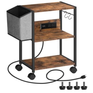 mobile printer stand with charging station, 3-tier wooden printer cart with storage bag for home office, multi-purpose printer table with 2 hooks, printer shelf, rustic brown
