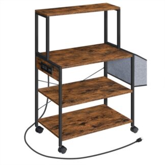 Soporte de impresora móvil grande, 4 Carro de impresora por niveles con tomas de corriente, Mesa rodante para impresora con bolsa lateral para organización de oficina en casa, Rejilla para microondas con prensa térmica, Marrón rústico