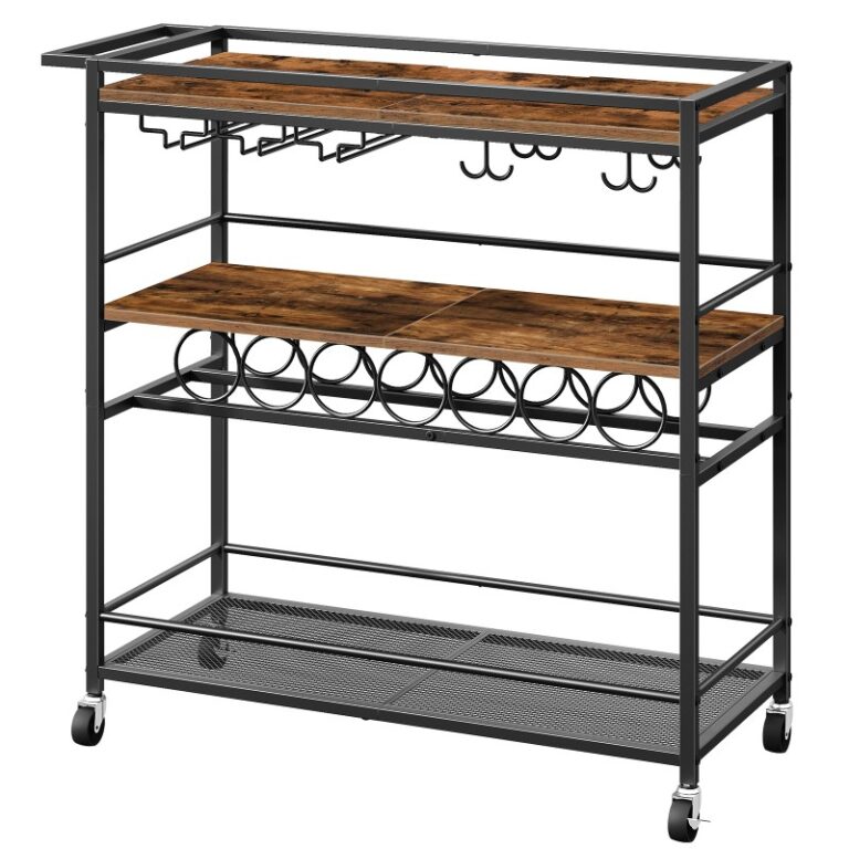 Ev için bar arabası, 3-tekerlekler ve saplı katman servis arabası, 32.7'' Şarap rafları ve cam tutucuları ile bar arabası, içecek arabası, Mutfak için yuvarlanan şarap arabası, rustik kahverengi