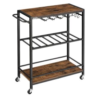 24.8" Baarikärry, Kotibaari tarjoilukärry, 3-Tier -keittiön kärry viinihyllyssä, Lasitelineet, Juomakärry pyörillä, Pyörivä kärry