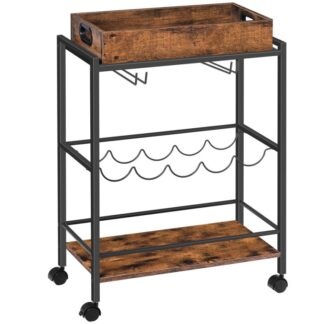 Barwagen für das Haus, 3-Tierhause Rolling Cart mit Weinregal und Tassenhalter, Getränkespeicherwagen mit abnehmbarem Holzschale, für Küche, Esszimmer, Bar, rustikales Braun