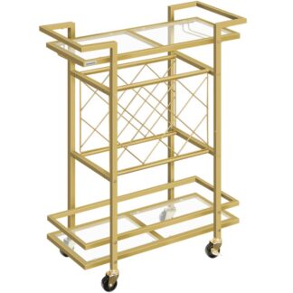 Gold Bar Cart, Home Bar, der einen Wagen serviert, 3 Tierwagen mit trinken 7 Weinflaschenregale, Glashalter, Getränkewagen auf Rädern für die Küche, Bar, Esszimmer, Wohnzimmer, im Freien, Glas,