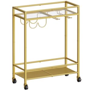 bar cart gold, serving cart with wine rack and glass holder, 2-tier glass bar cart on wheels, rolling serving cart for kitchen, dining room, club, bar, gold
