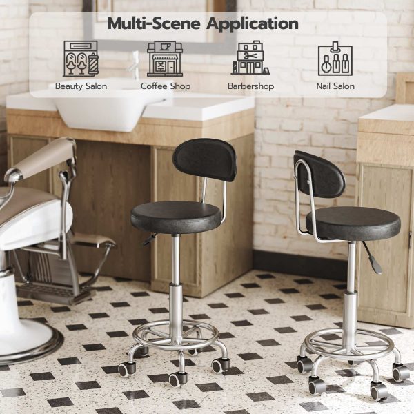 Výškově nastavitelná rolovací stolička, 360° Otočné kreslicí křeslo s opěrkou nohou, Víceúčelová otočná kancelářská židle, Holičství & Nehtový salon, Černá povrchová úprava