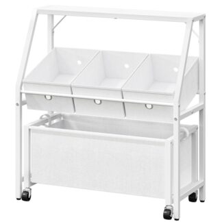 Organisateur de stockage de jouets pour les enfants, Rangement de jouets pour tout-petit avec roues, étagère de stockage de jouets avec 3 bac de stockage, pour le salon, nursery, salle de jeux, chambre à coucher, blanc