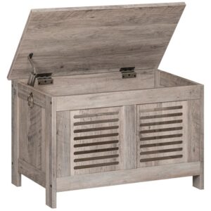 lift toy box with safety hinge, toy chest, flip top storage chest and trunk, entryway bench with storage, for hallway, living room, bedroom, greige