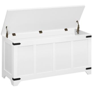 Coffre de rangement blanc, Coffre de rangement avec 2 Charnières de sécurité, Coffre à jouets en bois, Banc à chaussures d'entrée, Grande boîte à jouets pour chambre d'enfants, Chambre à coucher, Salon
