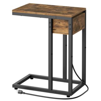 طاولة جانبية على شكل C مع محطة شحن, طاولة جانبية على شكل C للأريكة, طاولة جانبية صغيرة مع غطاء قابل للرفع, جدول ج, طاولة أريكة لغرفة المعيشة, غرفة نوم, ريفي براون