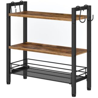 3-رف التوابل الطبقة, منظم رف المطبخ مع درج, منظم توابل خشبي مع خطافات على شكل حرف S للكونترتوب, توفير المساحة, ريفي براون