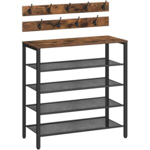 shoe rack coat rack set, 5-tier entryway storage organizer with 9 coat hooks, coat hat bag hanging organizer, large surface for bags, for entryway, hallway, closet