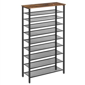 10-tier shoe rack, shoe organizer for closet, entryway, large capacity shoe shelf, for 36-40 pairs of shoes, stable sturdy, shoe storage with 9 metal mesh shelves, rustic brown
