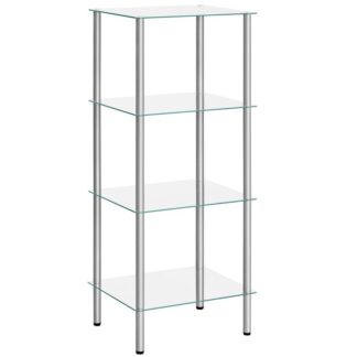 glass shelf, 4 tier silver standing shelf unit, durable glass shelving stand for small space, space-saving, for bathroom, bedroom, home office, tempered glass, steel frame, silver