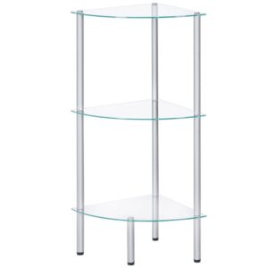corner shelf, 3-tier standing shelf unit, freestanding glass bathroom shelf, space saving, modern style, for bathroom, living room, bedroom, study room, silver