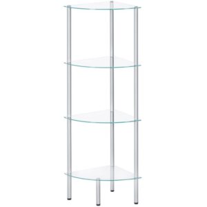 corner shelf, 4-tier standing shelf unit, freestanding glass bathroom shelf, space saving, modern style, for bathroom, living room, bedroom, study room, silver