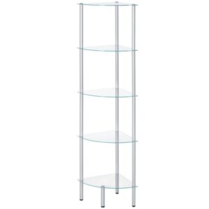 corner shelf, 5-tier standing shelf unit, freestanding glass bathroom shelf, space saving, modern style, for bathroom, living room, bedroom, study room, silver