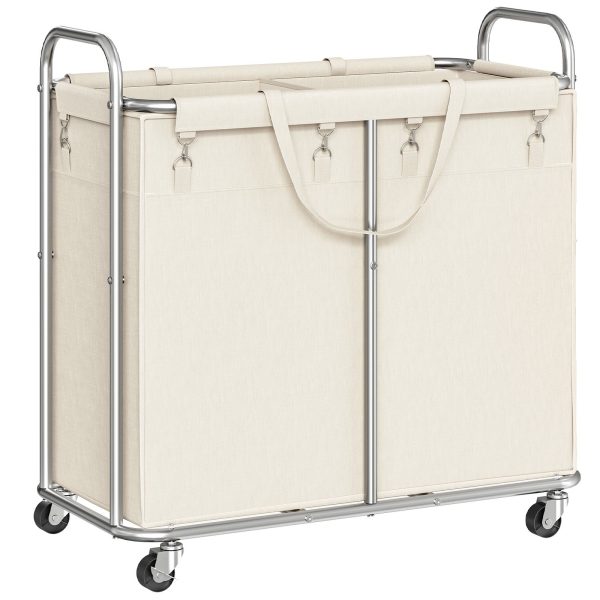 2-قسم سلة الغسيل المتداول ذات العجلات, عربة غسيل مبطنة قابلة للفصل, إطار فولاذي بمقبض, 31.5×15.7×31.5 بوصة, اللون البيج & فضة