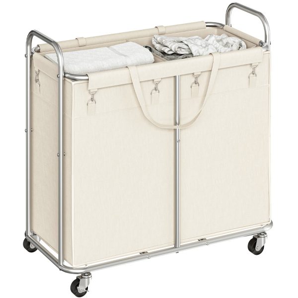 2-قسم سلة الغسيل المتداول ذات العجلات, عربة غسيل مبطنة قابلة للفصل, إطار فولاذي بمقبض, 31.5×15.7×31.5 بوصة, اللون البيج & فضة