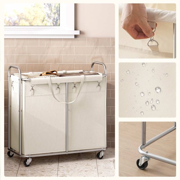 2-قسم سلة الغسيل المتداول ذات العجلات, عربة غسيل مبطنة قابلة للفصل, إطار فولاذي بمقبض, 31.5×15.7×31.5 بوصة, اللون البيج & فضة