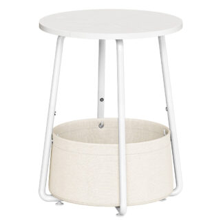 Round Side Table, Small End Table with Fabric Storage Basket, 2-Tier Bedside Table, Round Nightstand, for Small Space, Living Room, Bedroom, Nursery, White and Beige