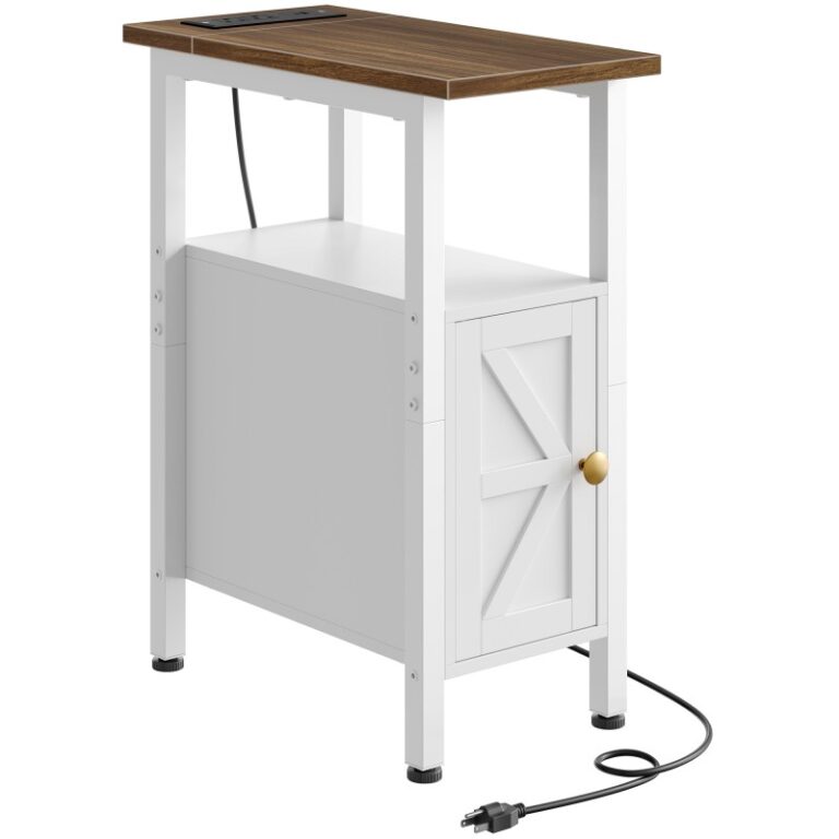 Witte smal eindtafel met laadstation, Boerderij nachtkastje voor kleine ruimtes, Slank naast tafel, met 2 AC-stopcontacten, 1 USB-en 1 Type-C-poort, voor Woonkamer, Slaapkamer