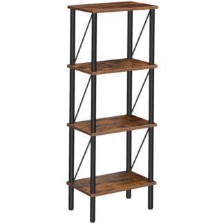 narrow bookshelf, 4-tier bookcase, corner bookshelf for small space, display shelf with protective diagonal braces, for living room, bedroom, study, balcony, rustic brown and black