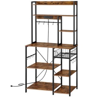 Kitchen Bakers Rack with Power Outlet, Microwave Stand with Multiple Shelves, Floor Standing Bakers Rack, Coffee Bar with Mesh Basket, for Kitchen, Dining Room, Rustic Brown and Black