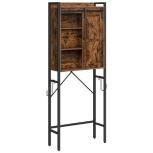 over the toilet storage cabinet, 4-tier bathroom space saver with sliding door and adjustable shelves, free-standing bathroom organizer with 2 hooks, rustic brown