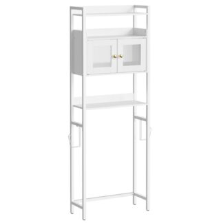 Over The Toilet Storage Cabinet, Bathroom Organizer Storage Cabinet with Double Glass Doors, Freestanding Bathroom Storage Rack with Toilet Paper Holder, Space Saver, White