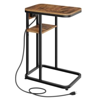 c-shaped end table, small side table with charging station, sofa side table for couch with outlet and usb ports, for small spaces, for bedroom, living room, rustic brown and black