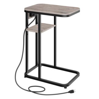 c-shaped side table, small end table with charging station, sofa side table for couch with outlet and usb ports, for small spaces, for bedroom, living room, greige and black