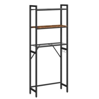 over the toilet storage rack, 3-tier bathroom space saver organizer shelf, stable freestanding above toilet stand with 2 hooks for bathroom restroom laundry balcony, rustic brown
