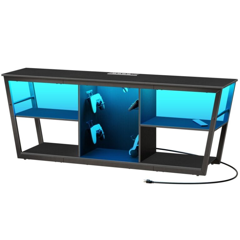 Seastán teilifíse le asraon cumhachta agus soilse LED, 3-Ionad Siamsaíochta Sraith do 65" Teilifíseán, Tábla Console na Meán le 2 Calafoirt USB do PS5, Caimiléir, Seomra Maireachtála, Seomra leapa, Seomra r-spóirt, Dubh