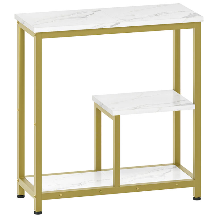 Moderno divano console d'oro Tavolo Tavolo da corridoio a 3 livelli Archiviazione aperta, Top a vena di marmo bianco, Cornice metallica, per l'ingresso, Foyer