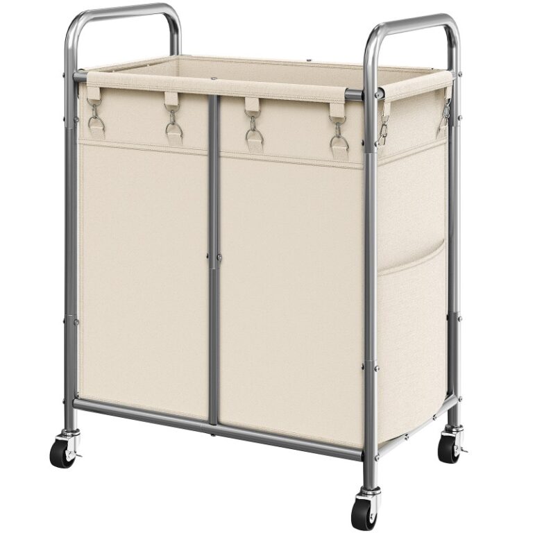 Wäschekorb mit Rollen, 182 L Rollende Wäschekorb, Wäschesortierer mit abnehmbarer Beutel und Seitentasche, für Waschküche, Badezimmer, Schlafzimmer, Beige und Silber